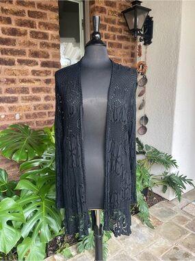 Black Openfront Crochet Knit Cardigan - Women